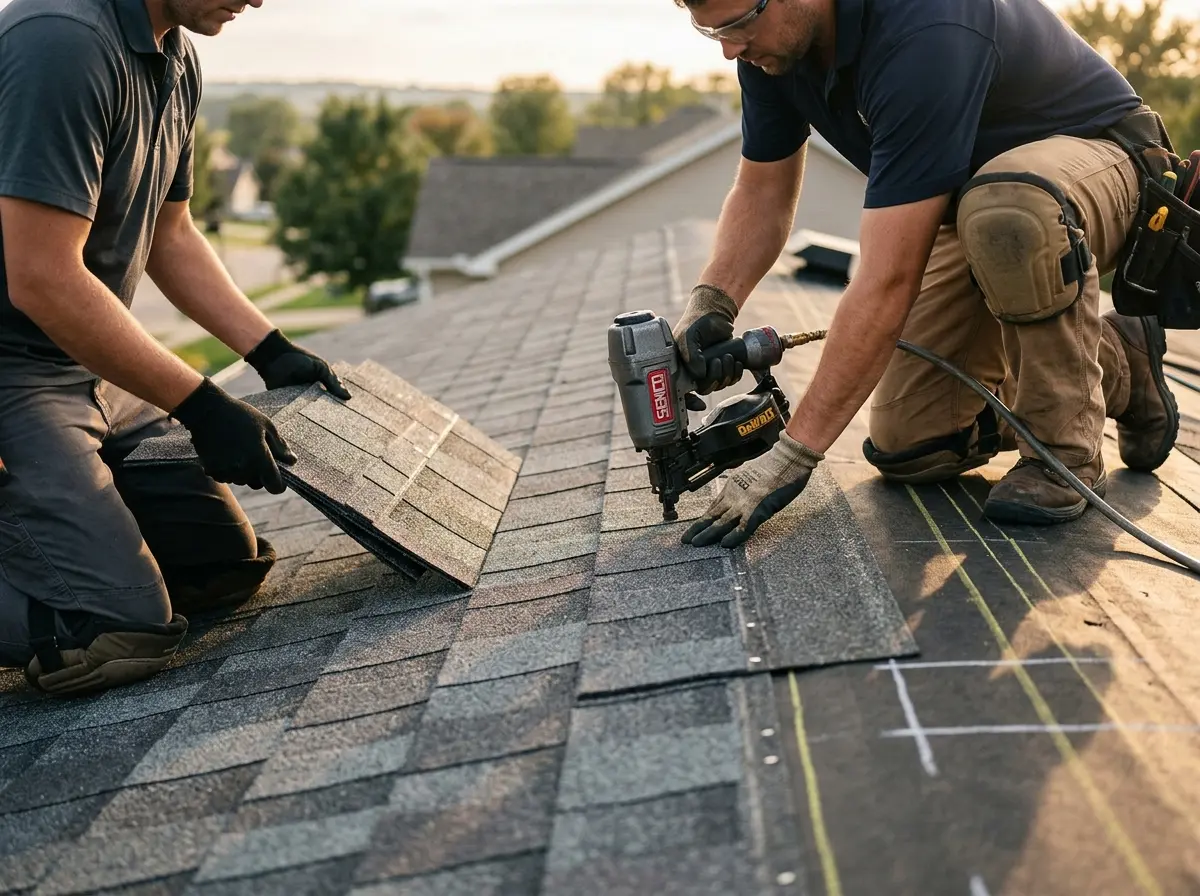 Professional roofer working on a residential roof in Riverside